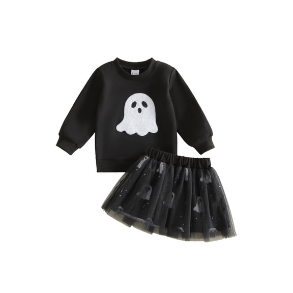 RUINIXCW Toddler Baby Girls Halloween Outfit Little Baby Girls Fall Clothes Cute Pumpkin Ghost Embroidery Long Sleeve Sweatshirt Top with Tulle Tutu Skirt Set
