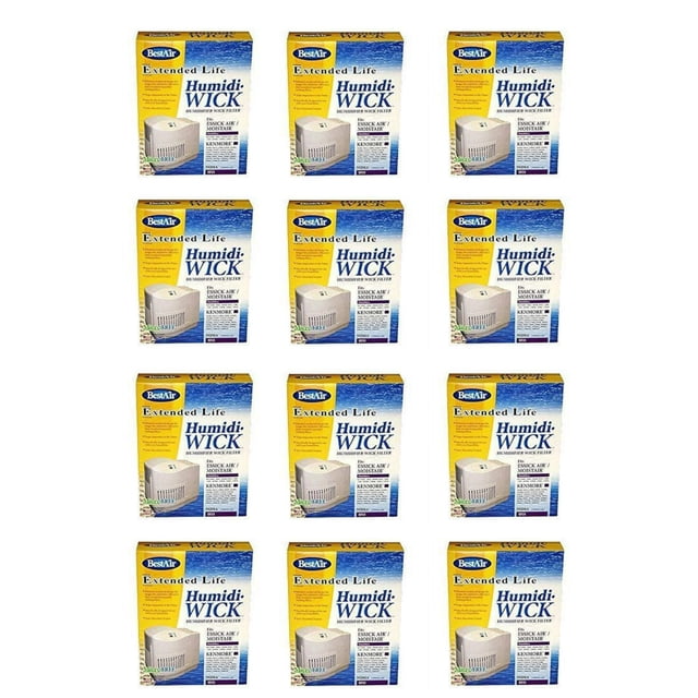 BestAir EF21-PDQ-3 Extended Life Humidifier Replacement Paper Wick Humidifier Filter, 10.7 x 8.3 x 3.2 inches, shown in a 12-pack arrangement. Designed for air purification and compatible with Emerson, Sears, and Kenmore models. Genuine OEM parts suitable for Essick Air, Kenmore, and MoistAir humidifiers.