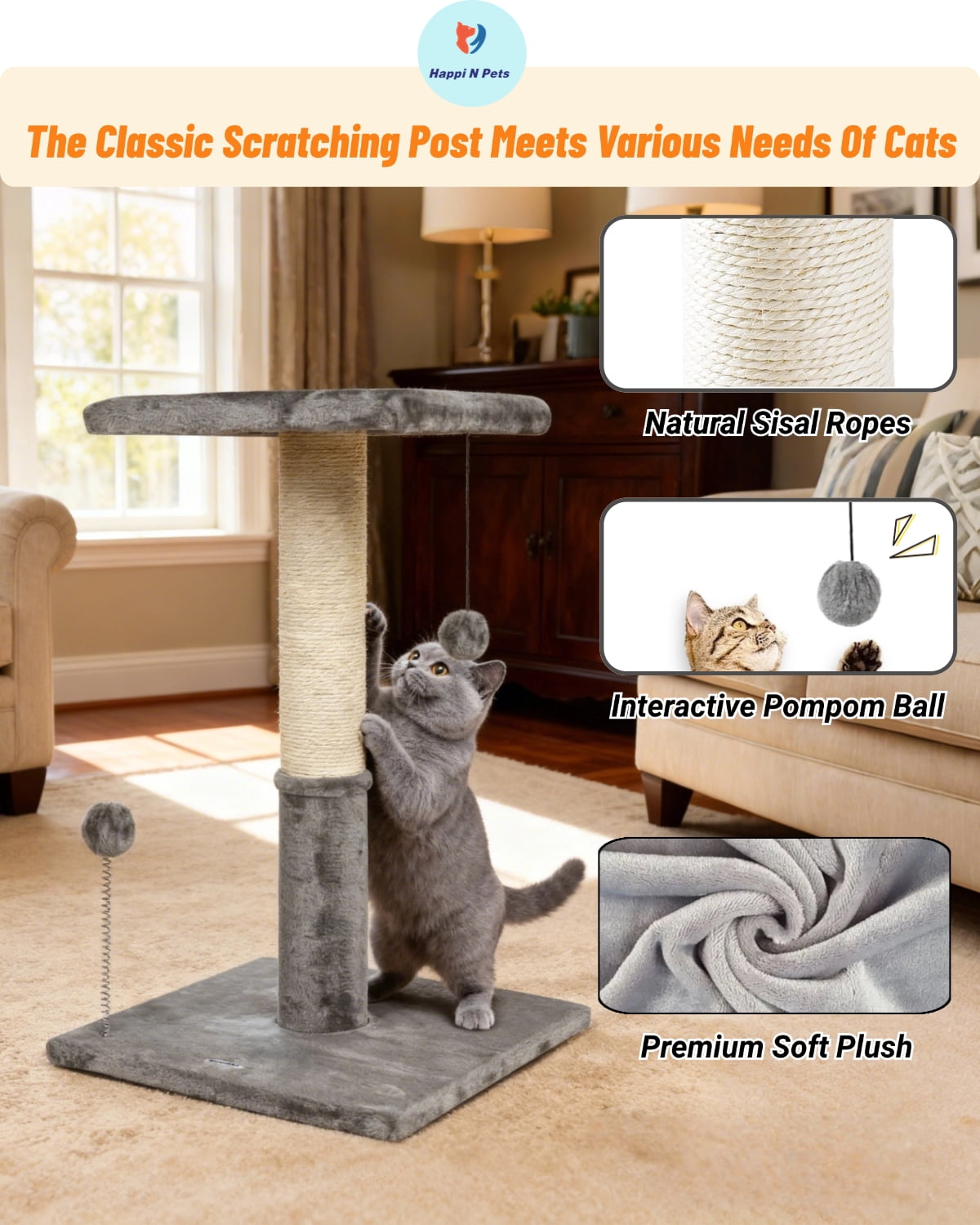 Happi N Pets 26" Cat Scratching Post with Perch, Cat Tree Tower Featuring with Hanging Balls & Viewing Platform, Stable Cat Tower-Light Gray
