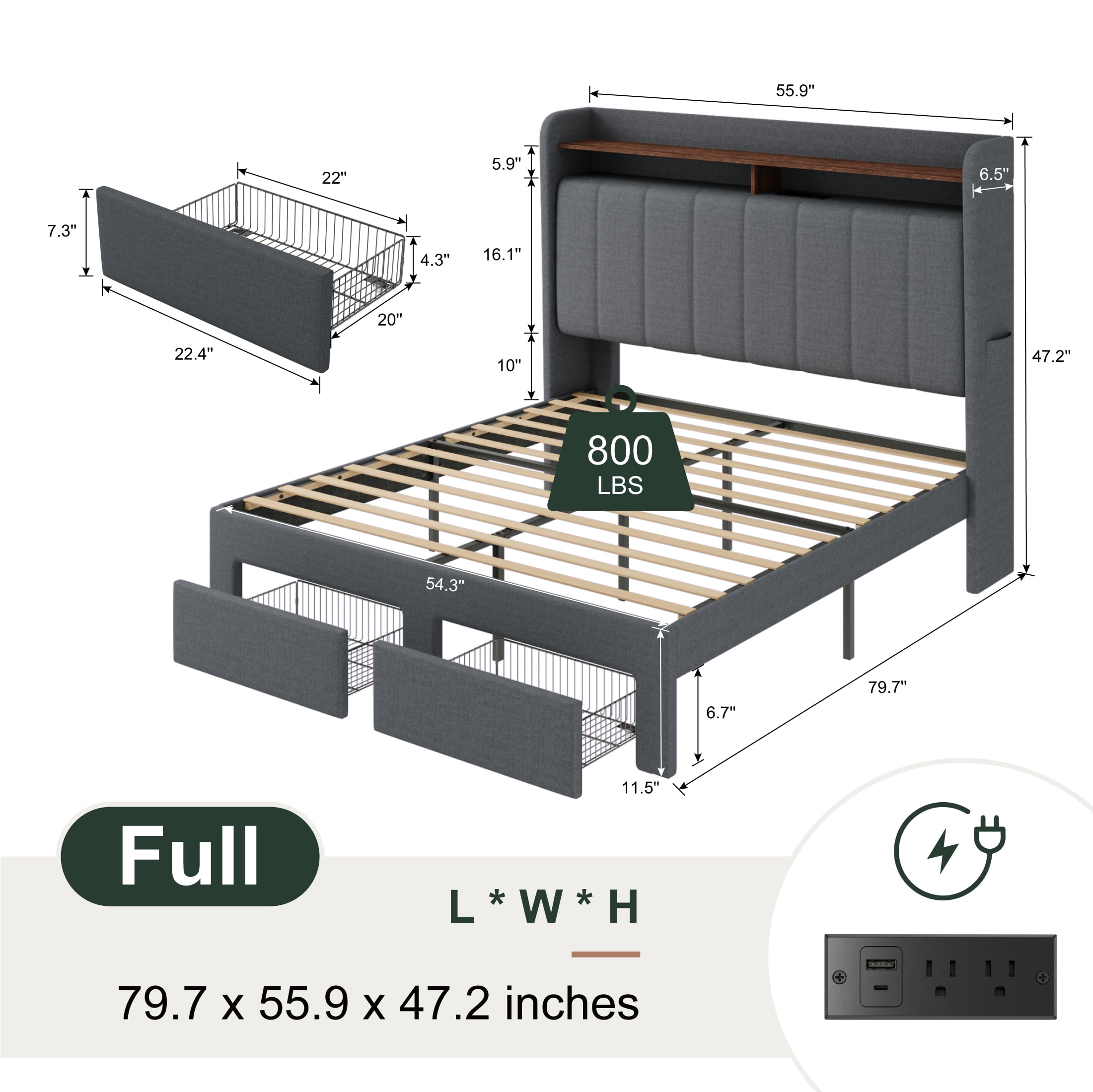 Amolife Full Size Platform Bed Frame with 2-Tier LED Storage Fabric Wingback Headboard & 2 Storage Drawers, USB & Type-C Charging Ports, Dark Grey