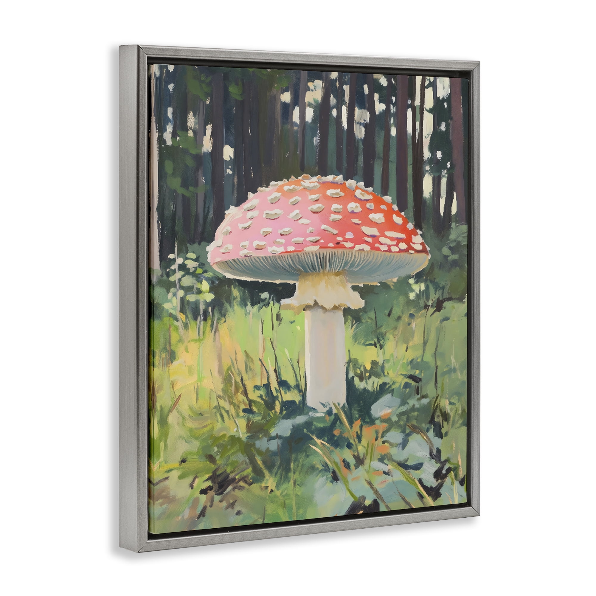 Stupell Industries Red Mushroom in Sunlit Forest Gray Framed Floater Canvas Wall Art, design by The Prints Vibe