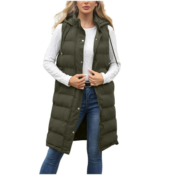Dagegui Long Puffer Vest for Women Quilted Hooded Zip Up Sleeveless Vests Outerwear Padded Jacket Fall Winter Coat Army Green XXXL