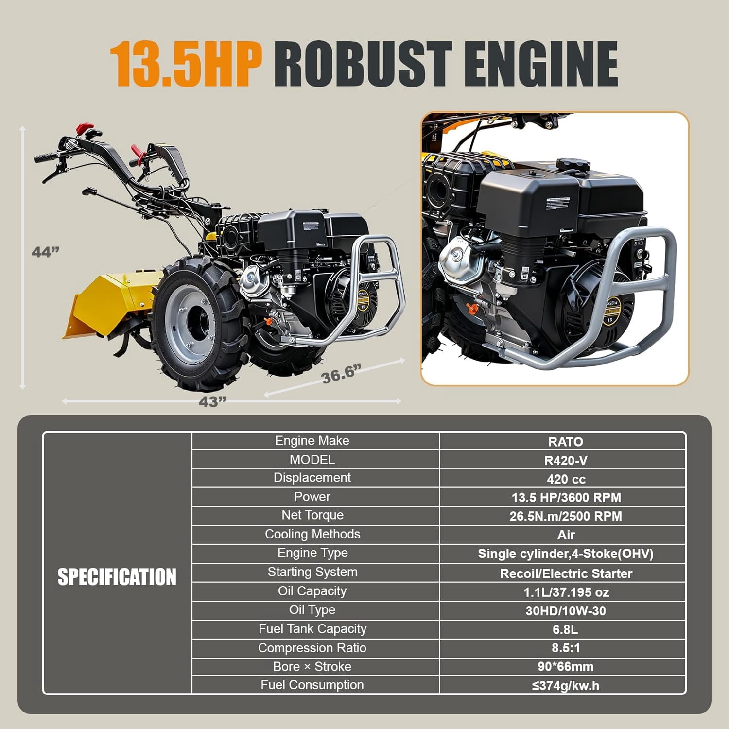 MMS 26''  Rear Tine Tiller Cultivator, 13.5HP 420CC Tractor Rototiller Dual Direction Full Gear Transmission Replaceable Module