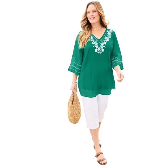 Catherines Women's Plus Size Crinkle Embroidered Tunic