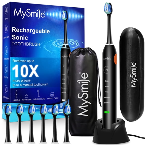 MySmile Sonic Electric Toothbrush for Adults, Enamel Safe Rechargeable Toothbrush, 6 Tooth Brush Replacement Heads, 48000VPM, 5 Modes, Black