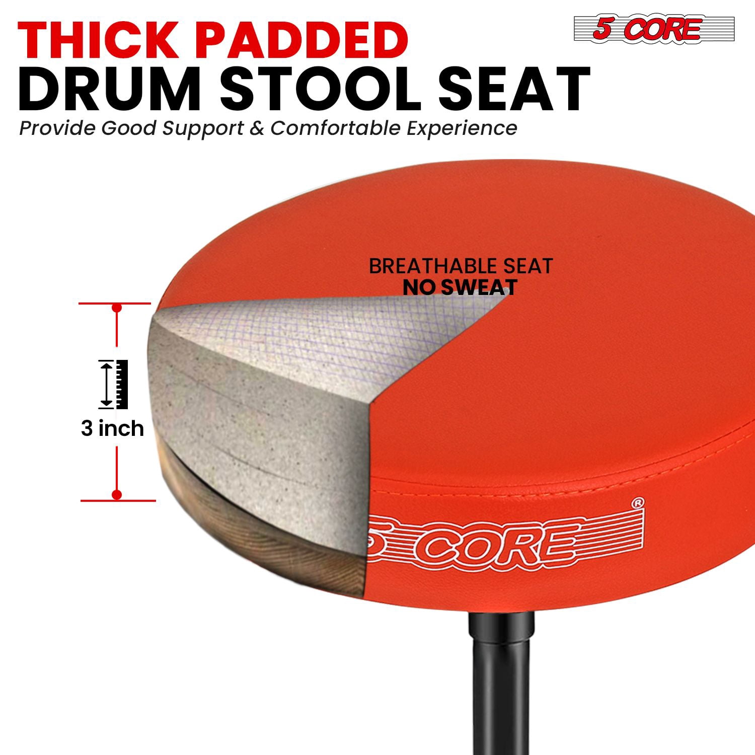 5 CORE Drum Throne 3 Inch Padded Comfortable Guitar Stool 330Lb Capacity Adjustable to 22" Drummer Seat for Adults and Kids Orange - DS 01 ORG
