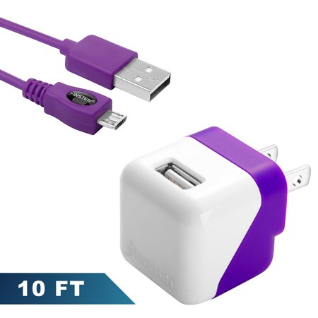 Insten Purple AC Wall Charger + 10' Charging Cable Bundle Set For Cell Phone Android Samsung J7 Sky Pro J3 Luna Pro LG Stylo 3 K20 Plus ZTE Majesty Pro Huawei Ascend XT2 XT