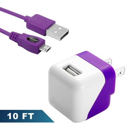 Insten Purple AC Wall Charger + 10' Charging Cable Bundle Set For Cell Phone Android Samsung J7 Sky Pro J3 Luna Pro LG Stylo 3 K20 Plus ZTE Majesty Pro Huawei Ascend XT2 XT (Best Lumia Phone 2019)