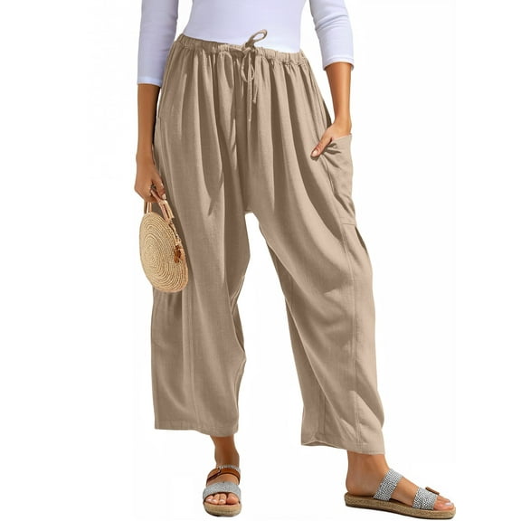 Airmenty Women Wide Leg Pants Summer Casual Low Waist Loose Drawstring Harem Pants Linen Beach Palazzo with Pockets