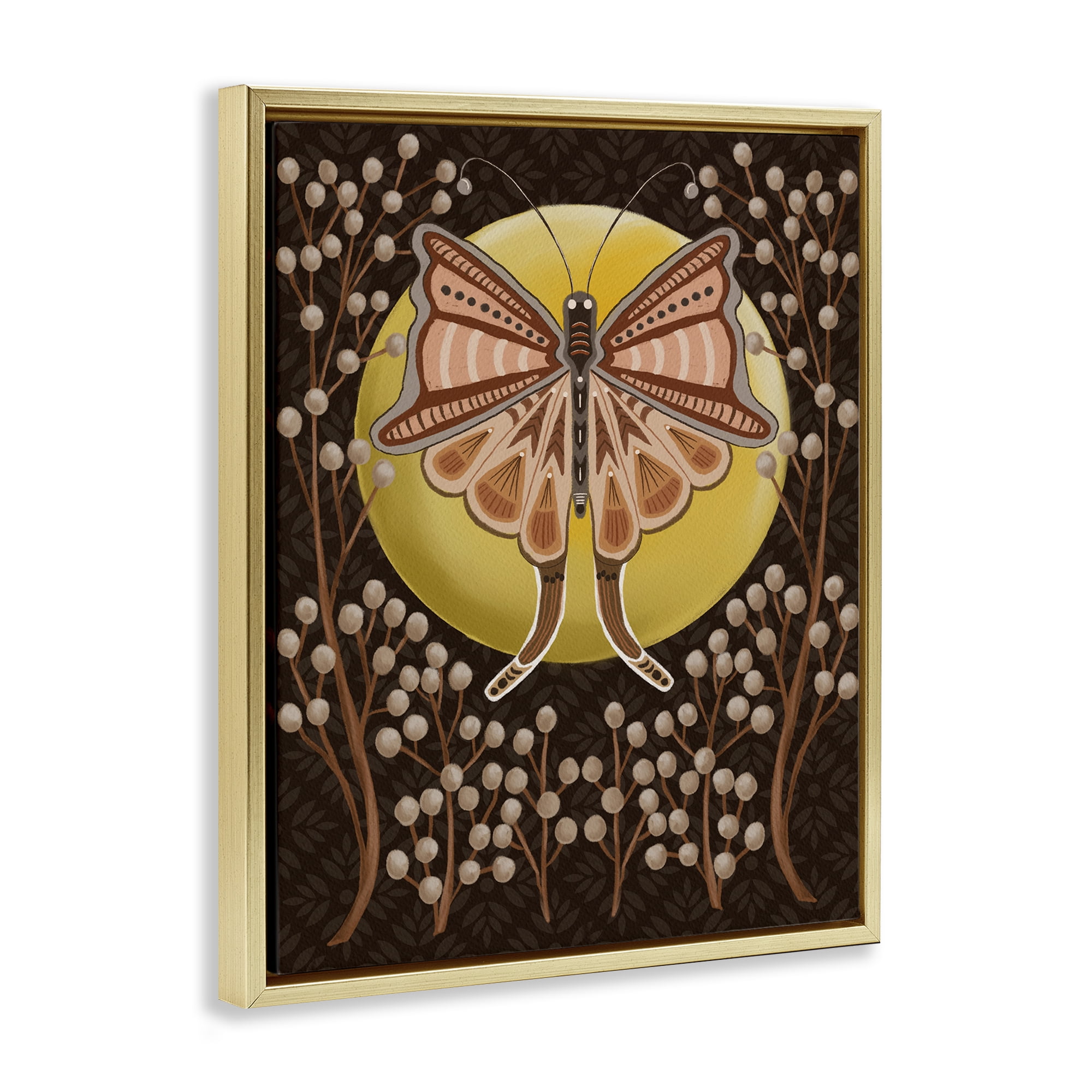 Stupell Industries Moth with Pussy Willows Insects Painting Gold Floater Framed Canvas Art Print Wall Art, 17 x 21