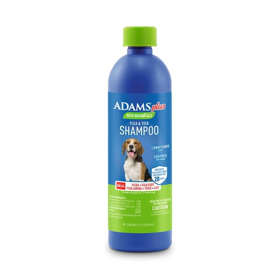 ADAMS Plus with Botanicals Flea & Tick Shampoo for Dogs & Puppies, Flea Shampoo to Treat Flea Infestations, Soothes Dry Skin & Conditions Coat, Kills Adult Fleas, Flea Eggs, Ticks and Lice, 12 fl oz