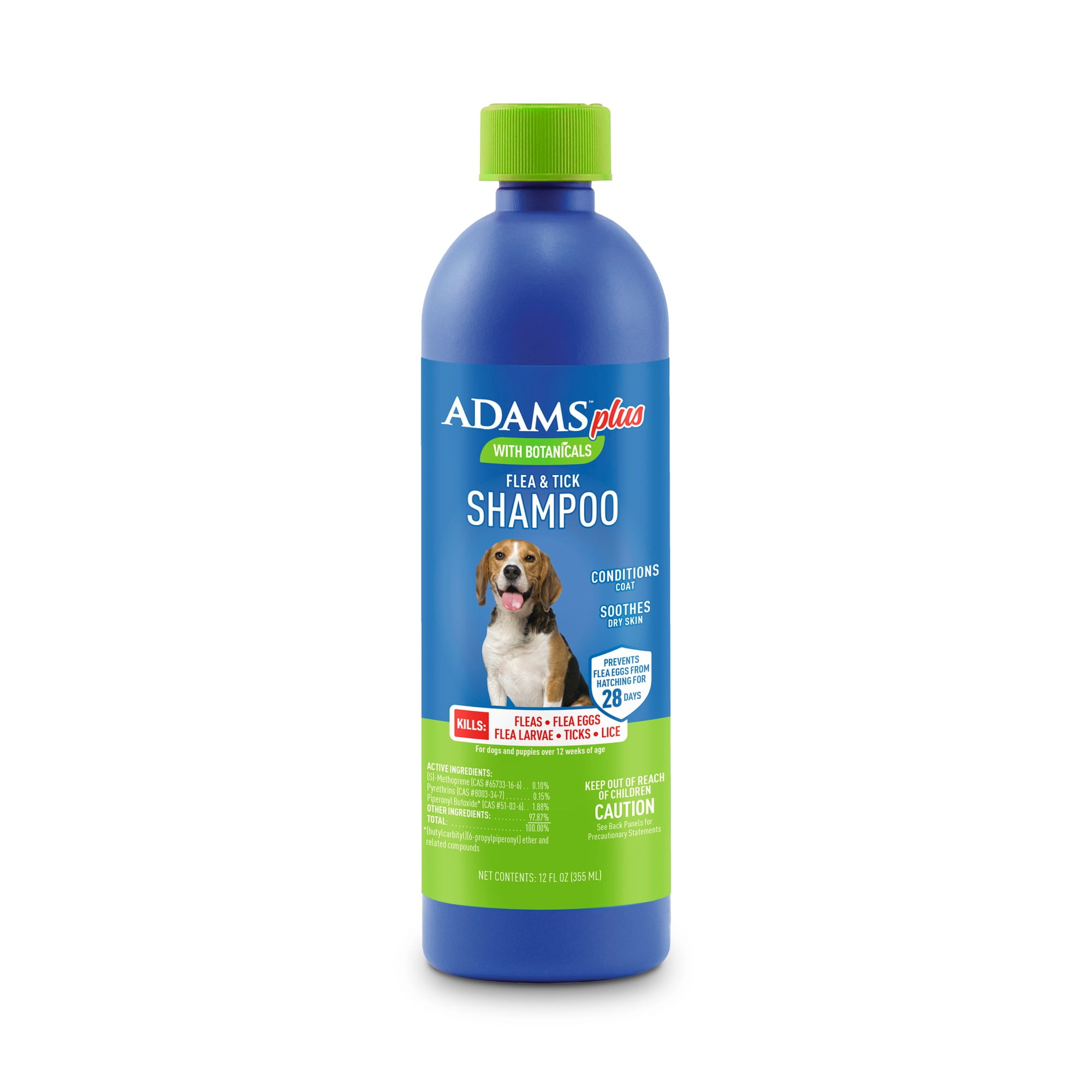 ADAMS Plus with Botanicals Flea & Tick Shampoo for Dogs & Puppies, Flea Shampoo to Treat Flea Infestations, Soothes Dry Skin & Conditions Coat, Kills Adult Fleas, Flea Eggs, Ticks and Lice, 12 fl oz