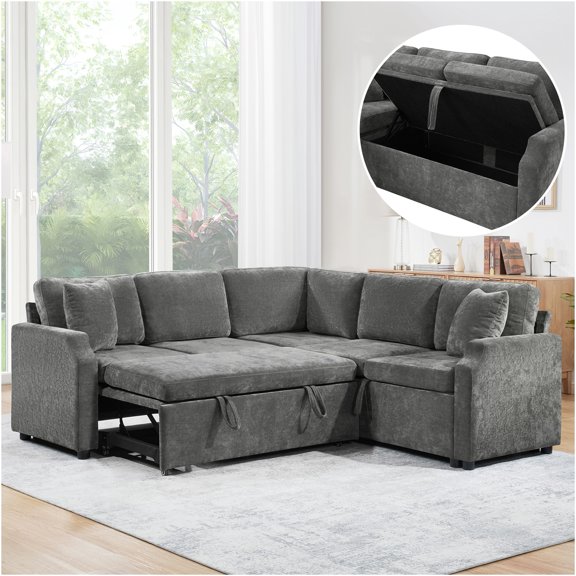 JERFIT Modern Convertible L-Shaped Sofa Bed with Storage, Sleeper Sectional Couch for Small Spaces, Chenille Upholstery, Gray