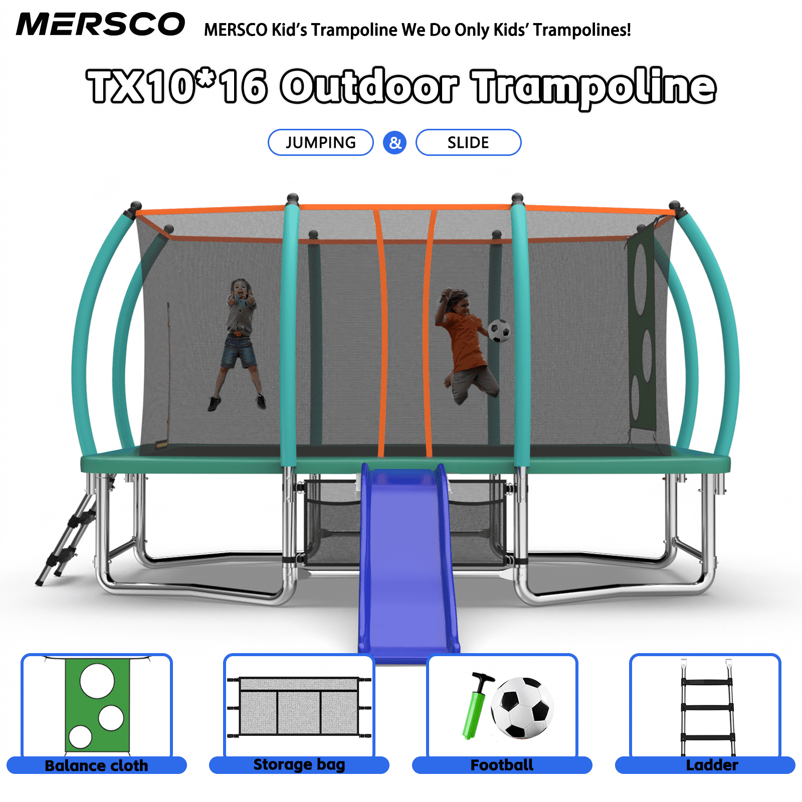 Mersco 8x14ft Large Rectangle Trampoline with Enclosure Net ,Slide Outdoor Big Trampoline for Backyard,Kids Trampoline with Basketball Hoop,Birthday and Holiday Gifts for Kids,Green
