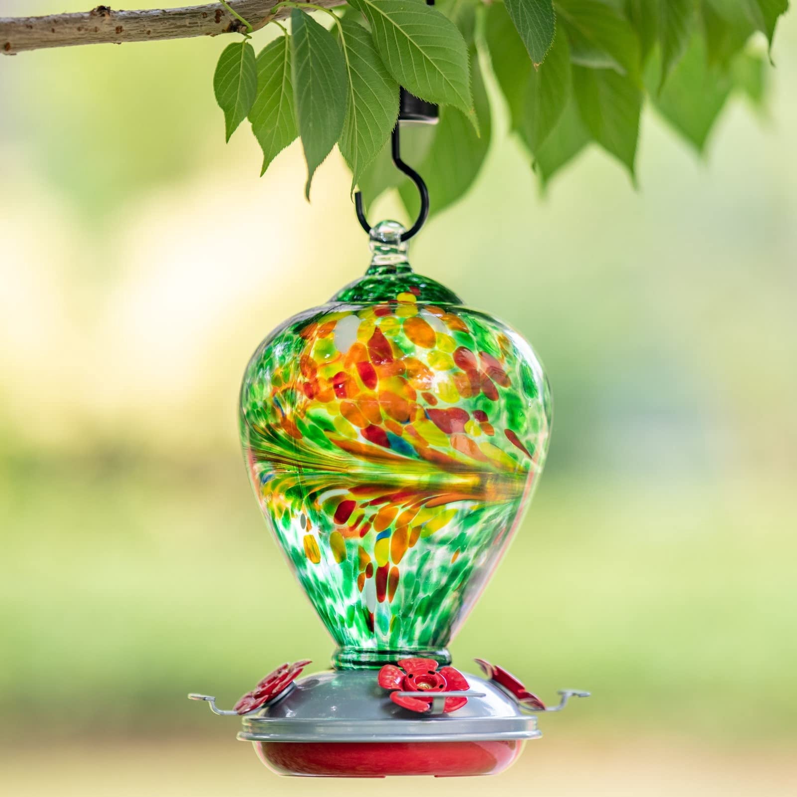 Peacock Blown Glass Hummingbird Feeder, Outdoor Backyard Decor