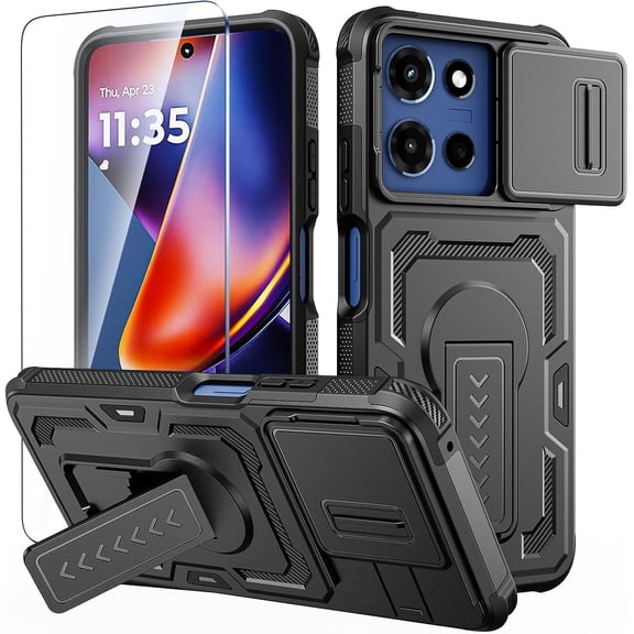 HCTian Compatible with Moto G 5G 2025 / G 2026 / G Play 2026 Case with HD Screen Protector, Slide Camera Cover, Military-Grade Shockproof Cover with Kickstand & Dual-Layer Protection, Anti-Slip Grip