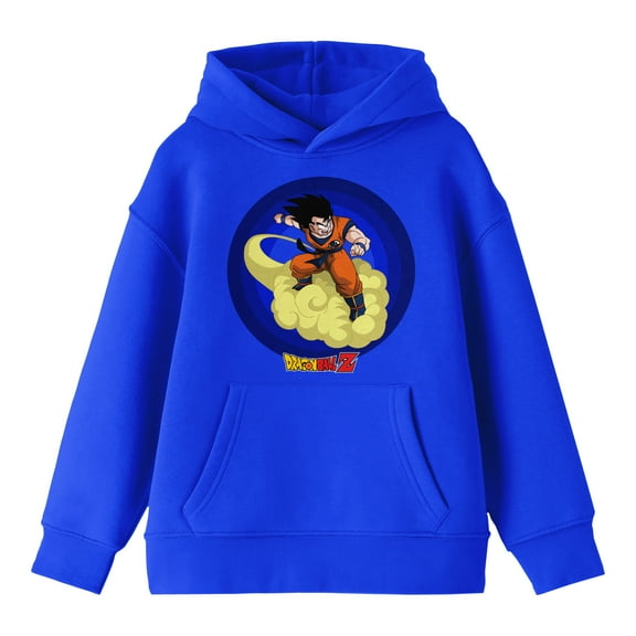 Dragonball Z Goku Riding a Cloud with Circle Background and Title Logo Youth Royal Blue Graphic Hoodie-Medium