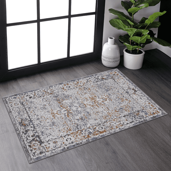 2' x 3' Ivory Grey Traditional Area Rug Non-Shedding Stain Resistant Medium Pile Carpet for Living Room Bedroom Dining Room Home Office Entryway