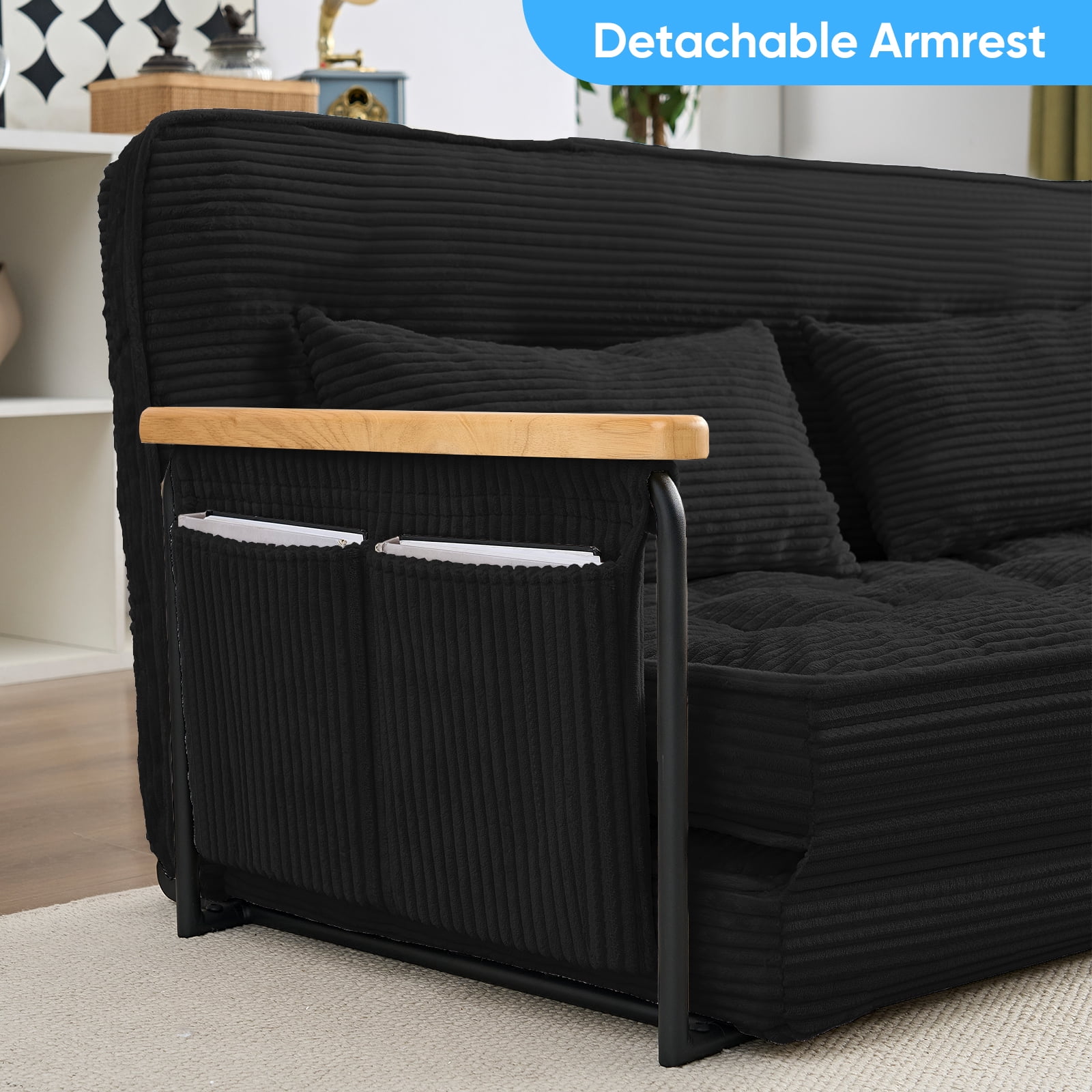BALUS Futon Sofa Bed, 4-in-1 Corduroy Floor Couch Bed with Folding Mattress, Convertible Sleeper Sofa for Living Room, Black