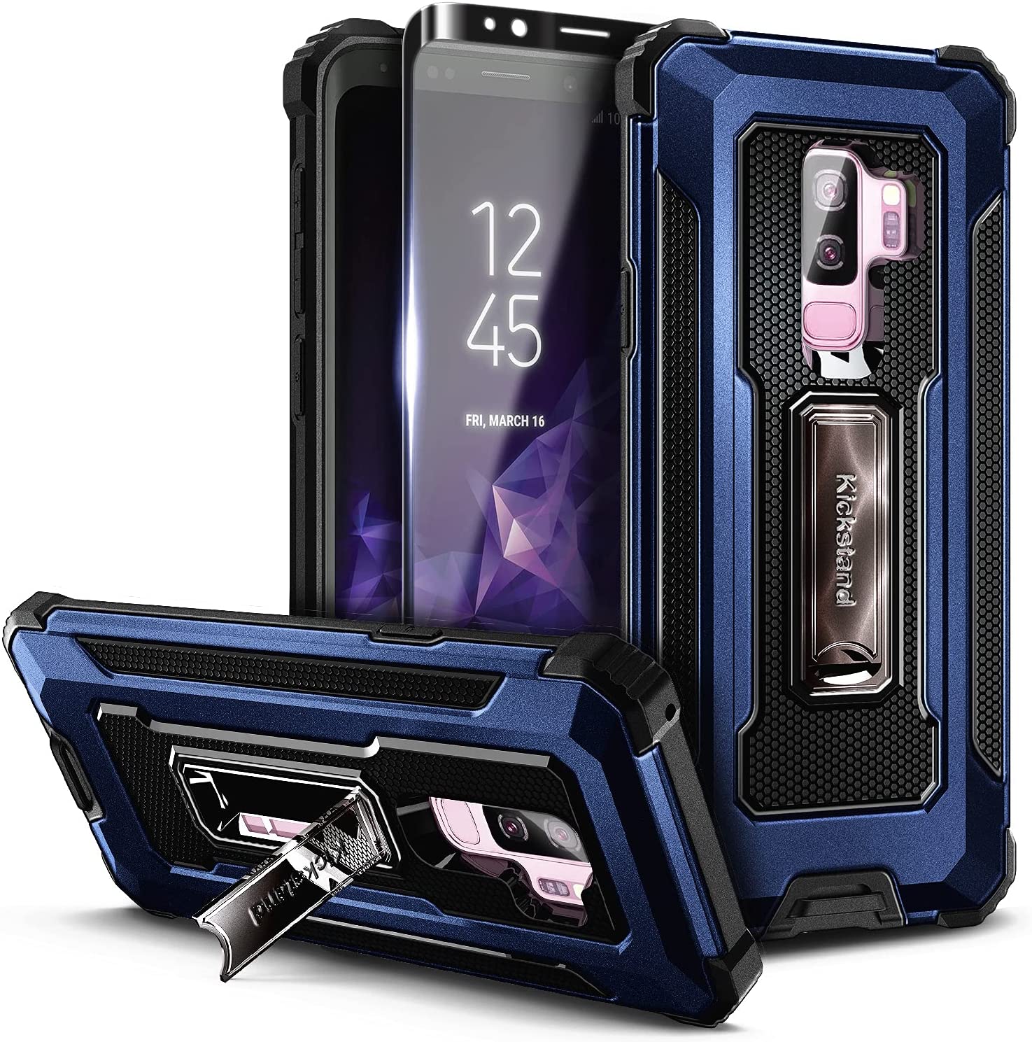 Nagebee Case for Samsung Galaxy S9 Plus with Screen Protector (Soft Full Coverage), Full-Body Armor Hybrid [Military Grade] Shockproof Built-in Kickstand Heavy Duty Durable Case (Blue) - image 1 of 6