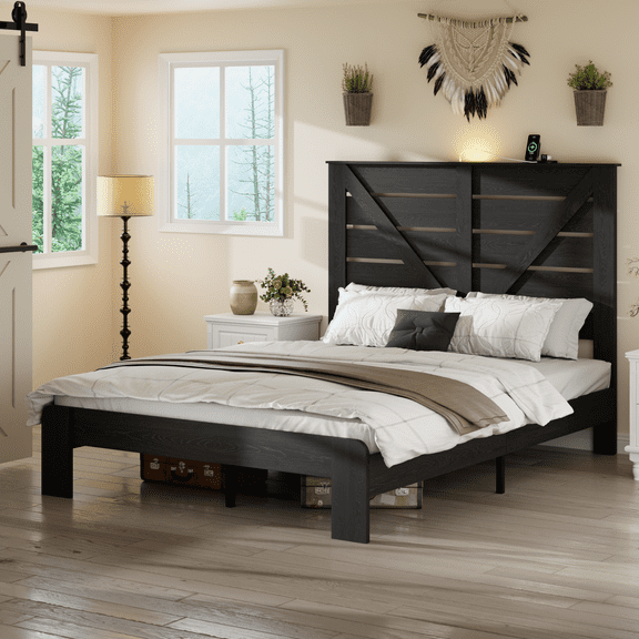 PAPROOS Queen Bed Frame with Headboard, Farmhouse Queen Bed with Charging Station and Touch Lamp, Wood Platform Bed with Metal Slats, No Box Spring Needed, Noise Free, Black