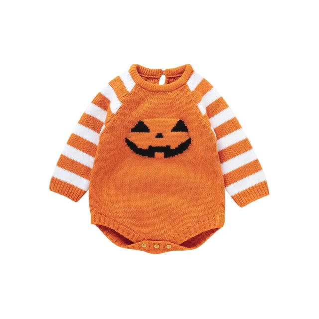 ZAXARRA Pull pour Nouveau-Né Bébé Barboteuse Rayée Manches Longues Col Rond Imprimé Visage Citrouille Body Surdimensionné