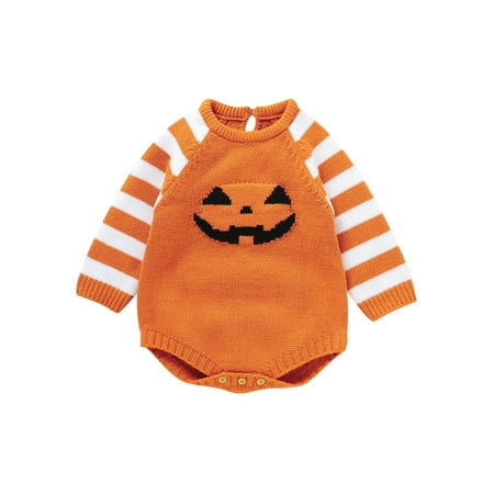 

Suagox Baby Sweater Romper Striped Long Sleeve Round Neck Pumpkin Face Print Bodysuit Infant Halloween Outfit for 0-18 Months Baby