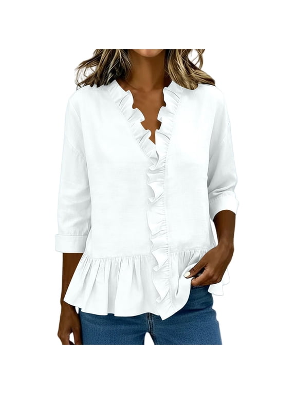 V-Neck Blouses for Women Solid 3/4 Sleeve Ruffled 100% Cotton Blouse Dressy Casual Flutter T-Shirt Women's Tops, Tees & Blouse White M