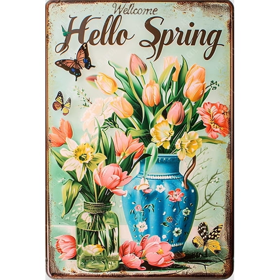 Funny Metal Sign Welcome Hello Spring Vintage Aluminum Tin Signs Retro Sign for Home Living Room Bedroom Farmhouse Chicken Kicthen Bar Cafe Wall Decoration Gift 8 X 12 Inch