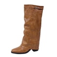 thumbnail image 3 of Tqyyweavej Knee High Boots Women Oversized Fold Over Pointed Toe Boots Mid Block Heeled Versatile Solid Color Fall Boots for Women, 3 of 10