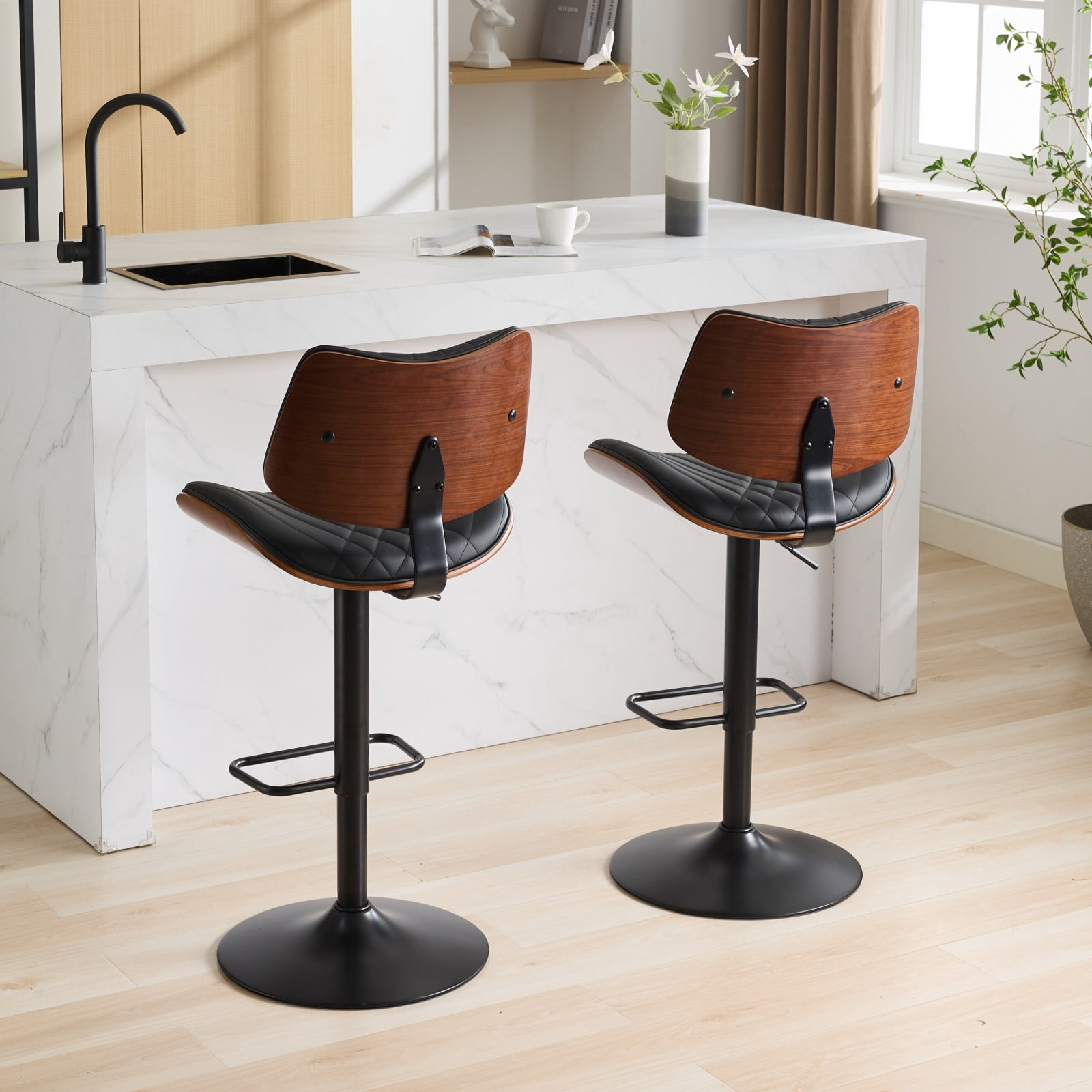 MAYEERTY Walnut Bentwood Bar Stools - Mid-Century Modern, Adjustable Height, Black Leather, 360掳 Swivel, 1 Chair/Carton, Black