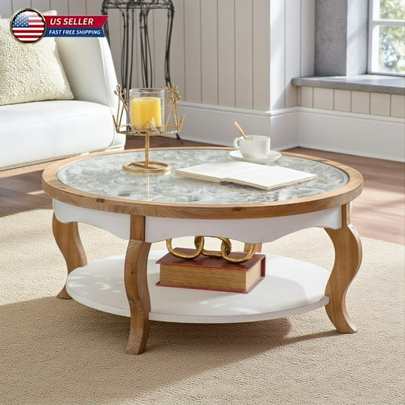 Hassch Modern 2-Tier Round Coffee Table w/ Removable Tempered Glass Top and Solid Wood Curved Legs, 31.5" Space-Saving Living Room Accent Table (Natural White)