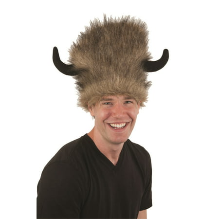 Adult Faux Fur Brown Bison Buffalo Lodge Water Buffalo Hat w/Black Horns