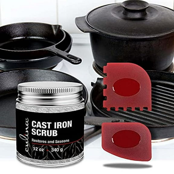 Culina Cast Iron Cleaning & Restoring Scrub | Removes Rust Without Scratching & Care Before Cleaning, Washing & Seasoning | 100% Natural | for Cast Iron Skillets, Pans & Cookware with scrapers
