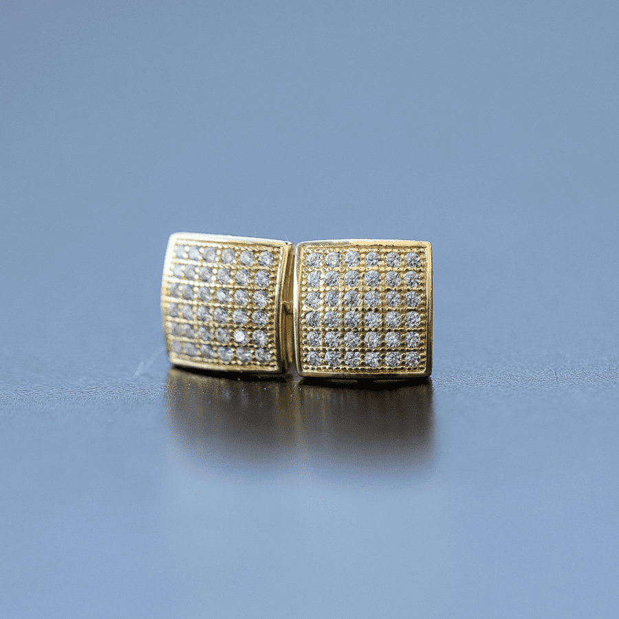 Mens Small Square Iced 5A Cz Stone 14K Yellow Gold Plated 925 Sterling Silver Hypoallergenic Hip Hop Cubic Zirconia Screw Back Post Earrings