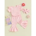 thumbnail image 4 of Aojekbee Baby Girl Summer Outfits Flower Print Short Sleeve Rompers Flare Pants Headband 3Pcs Clothes Set, 4 of 10