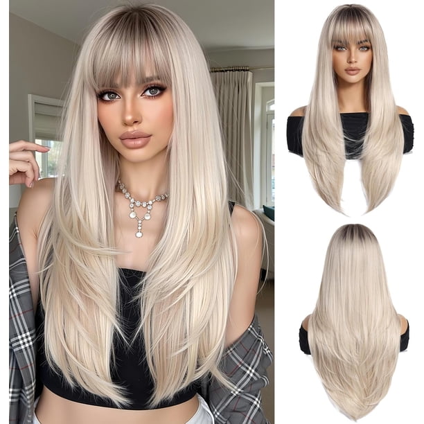 Yanonmyfd Black Wigs for Women Long Wig with Bangs Natural Straight Wigs Synthetic Hair Heat Resistant Wigs for Daily Party Cosplay Wear