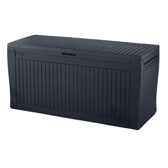 Keter Comfy 70 Gallon Durable Resin Outdoor Storage Deck Box Ideal Store Garden Tools and Pool Toys, Graphite Grey