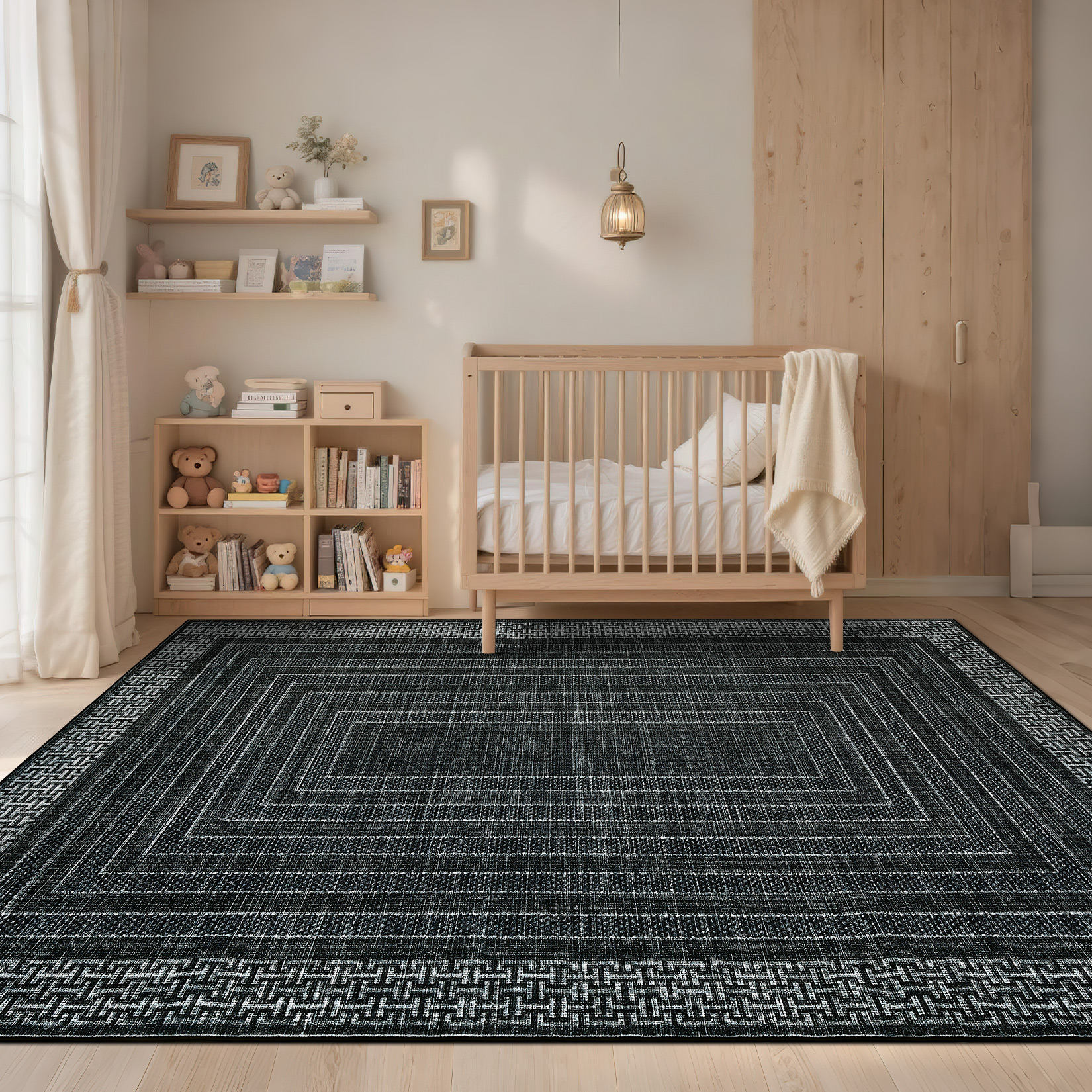Garvee 8'x10' Geometric Bordered Area Rug Contemporary Indoor Carpet, Washable Rug Non Slip Low Pile Rug for Living Room Bedroom Dining Room, Black