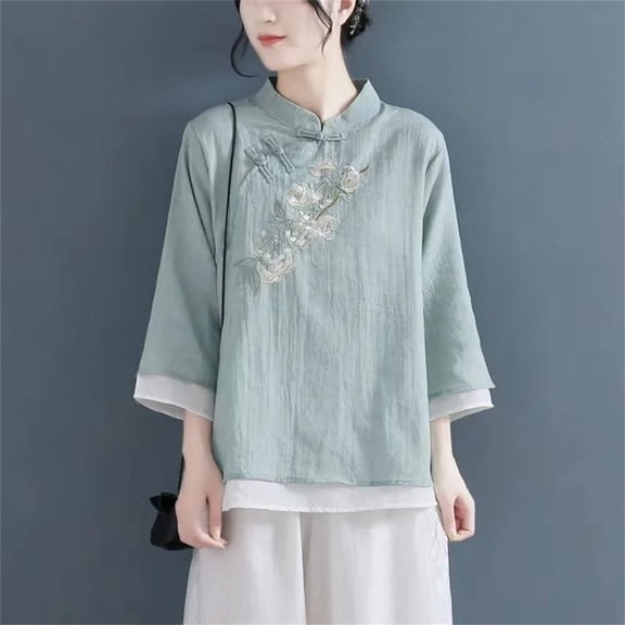 Embroidered 3/4 Sleeve Boho Tops Linen Clothing For Women Chinese Frog Casual Blouses Chinese Frog Button Tees Boho Peasant Gauze Blouses Peasant Blouse Womens Gauze Tops Womens Summer Tops Green L