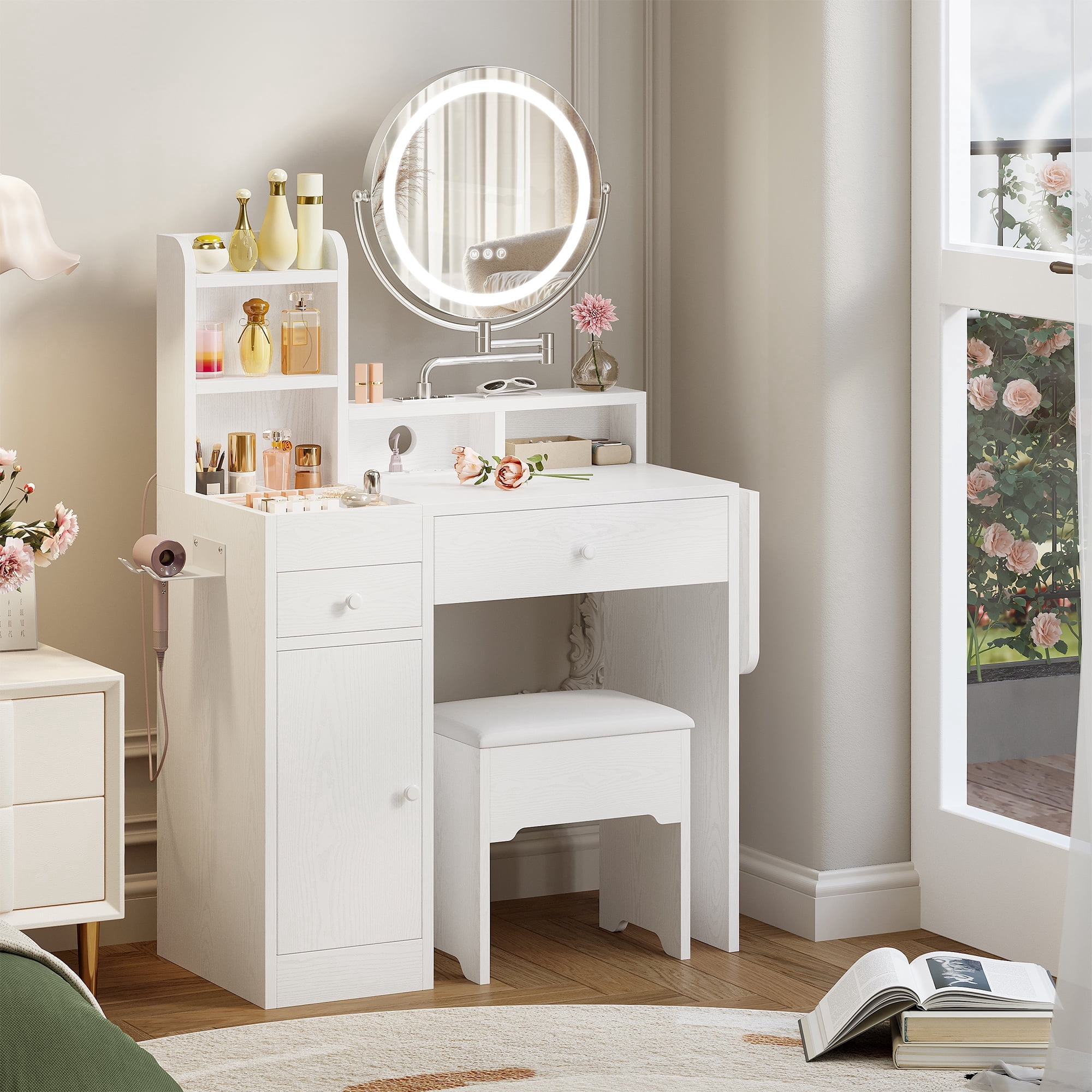 IRONCK Makeup Vanity Table Set with Adjustable LED Mirror, Power Outlet & Storage Drawers, White