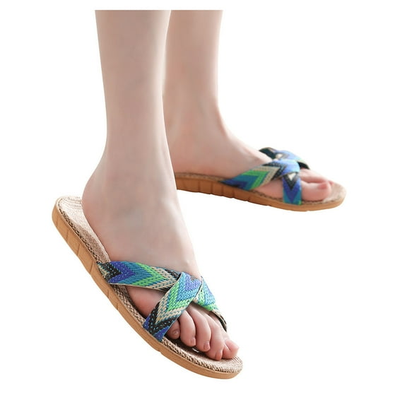 Modstep Flat Sandals for Women Summer Round Toe Comfortable Slip on Dressy Crochet Slide Sandals Ladies Beach Walking Slippers Green 7
