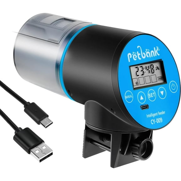 Petbank Automatic Fish Feeder - Rechargeable Timer Fish Feeder with USB Charger Cable, 200ML Fish Food Dispenser Box for Aquarium or Fish Tank (Blue)