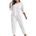 thumbnail image 3 of Aobny Pajama Sets for Women 3/4 Sleeve Oversized 2 Piece Pjs Loose Cuffed Crew Neck Full White Plus Size Pajamas,XXL, 3 of 6