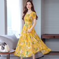 thumbnail image 3 of Robe Longue d'Été à Fleurs pour Femmes, Robe Décontractée à Col Rond, Manches Courtes, Bureau, Dames, Élégante, Vintage, Boho, Soirée, Jaune TG, 3 of 6