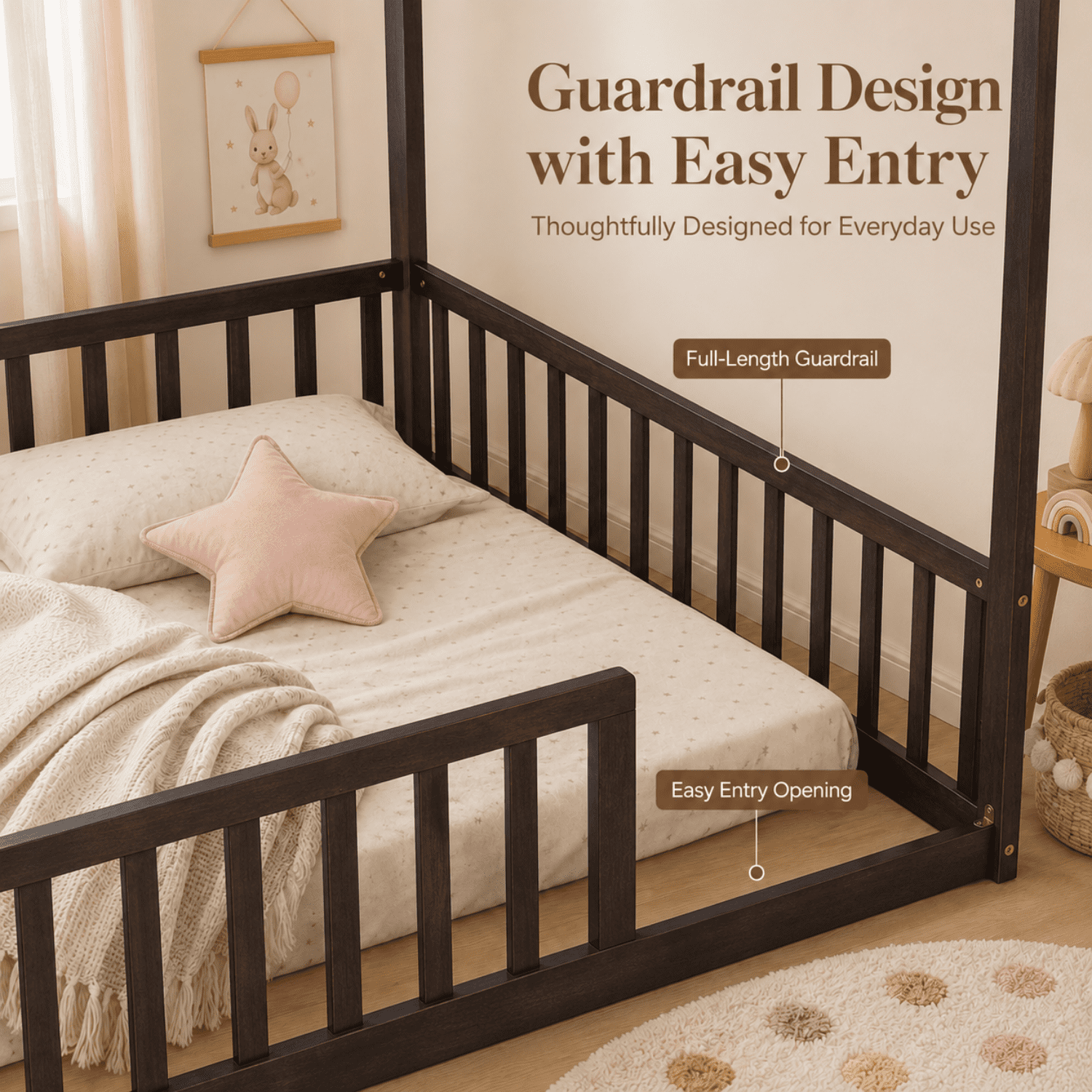 Miniyam Full Size Kids House Floor Bed with Fence, Wood Montessori Bed Frame, Espresso