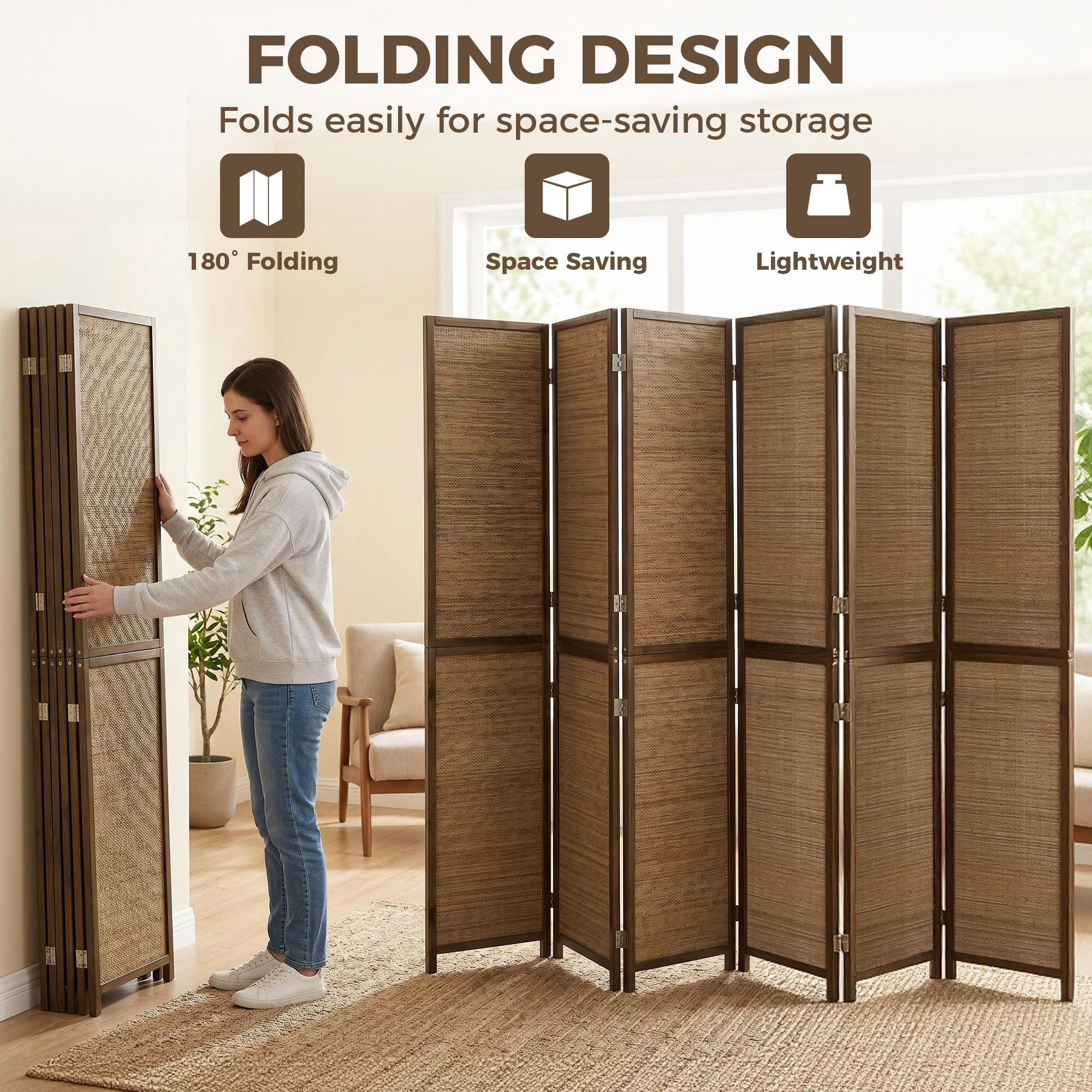 Alvantor 6 Panel Room Divider 6ft Hand-Woven Bamboo Privacy Screen for Porch Living Room Dorm Brown