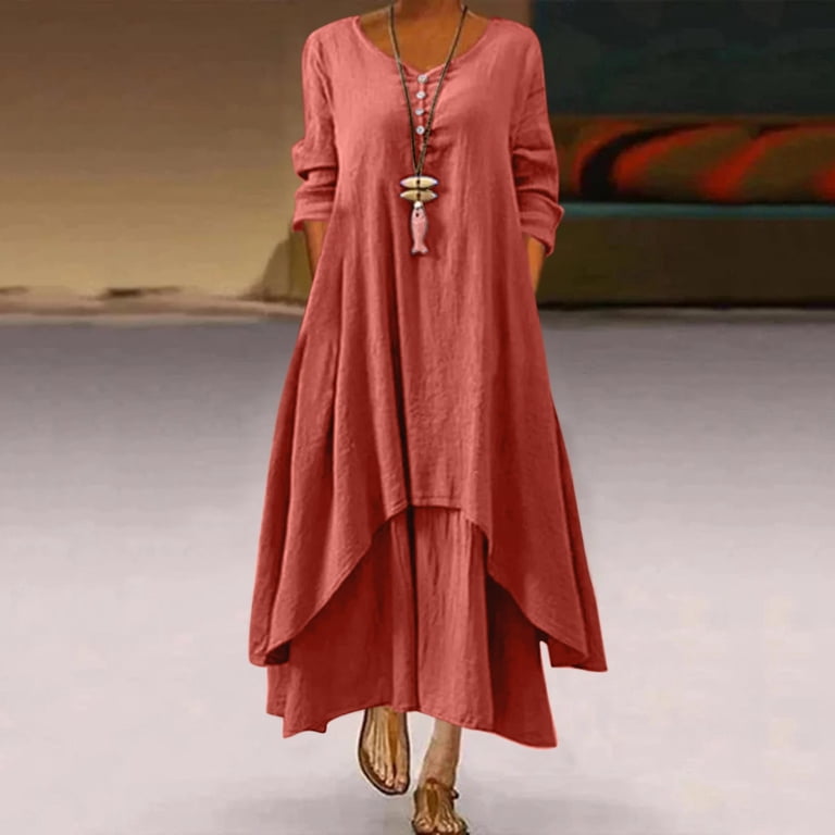 Winter Fall Dresses for Women Wedding Guest Long Sleeve Casual Solid Dress O-Neck Irregular Loose Long Dress