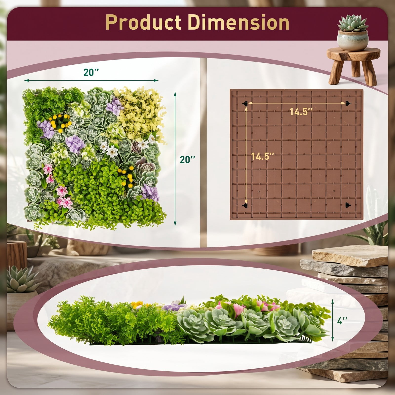 ALPULON 20 x 20 3D Artificial Greenery Panel, Hanging Succulents Faux Plant Wall with 10 Types of Mixed Greenery for Balcony Home Office Indoor, Green and Brown