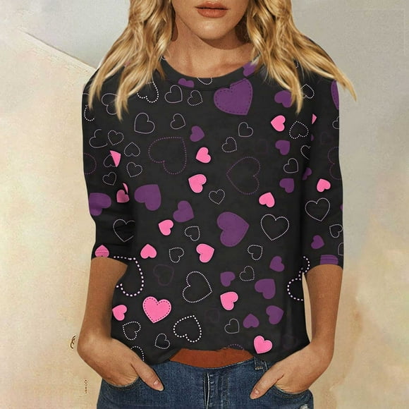 Alitao Couples Shirts Sweatshirt for Women Christmas Shirts Xmas Print 3/4 Sleeve Tops Cotton Crewneck Pullover Blouse Tunic Tshirts Long Sleeve Shirts Valentine'S Day Shirt Black M
